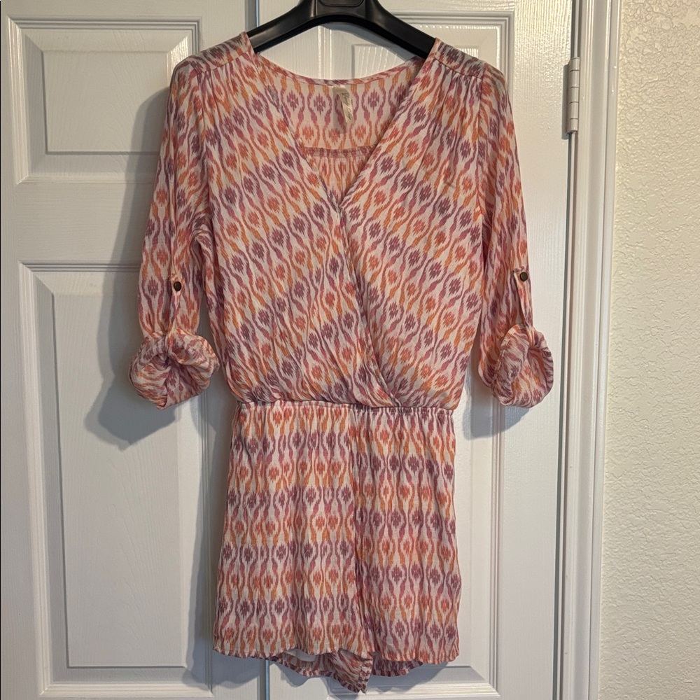 Lovely Day Pink and Orange Patterned Surplice Romper